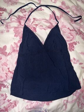 Brandy Melville Navy Halter Lace-Trim Tank Top - Women